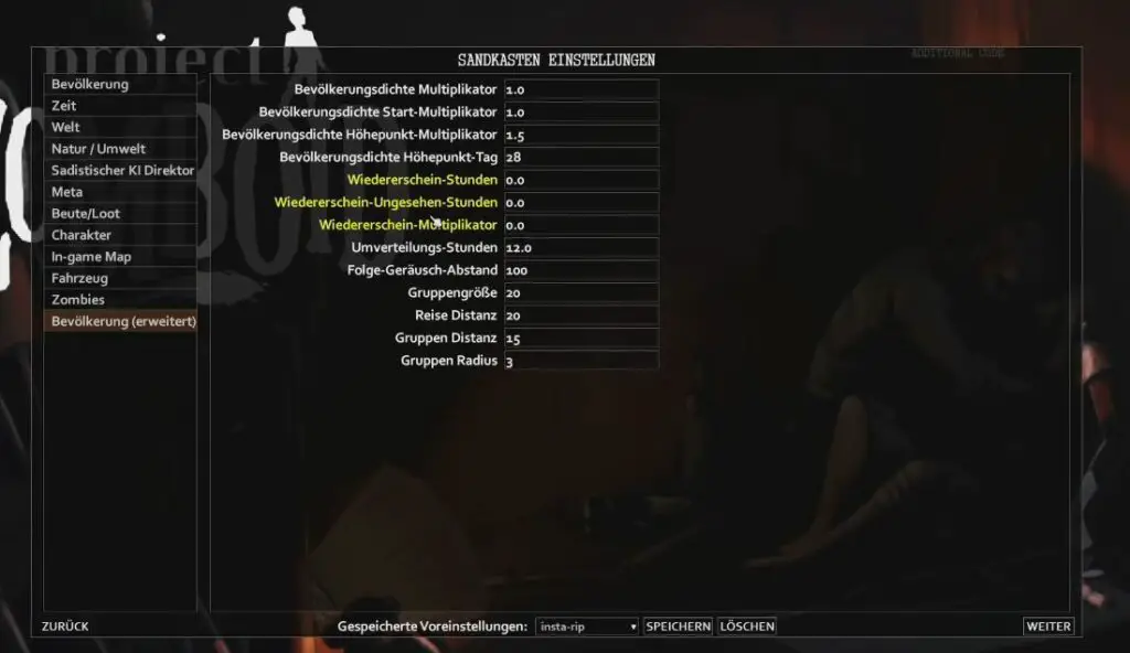 Project Zomboid Guide Sandkasten Einstellungen